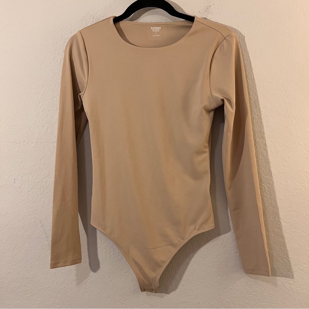 Express Tan/Beige Long Sleeve Bodysuit Body Contour High Compression Size S EUC